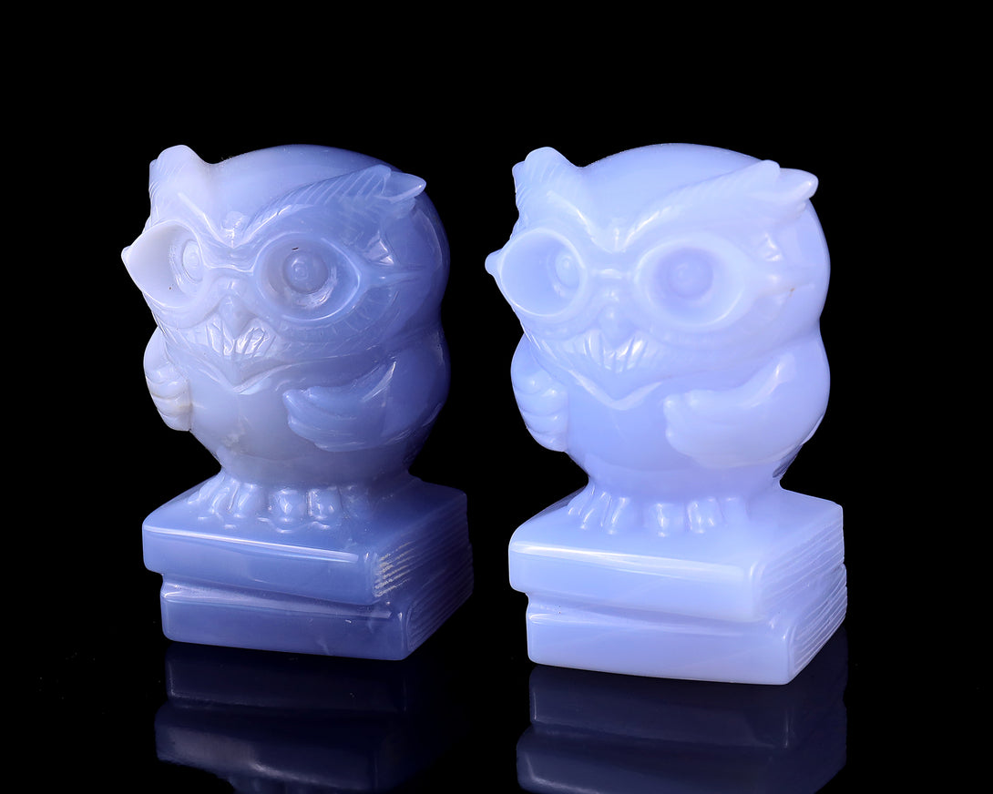 2.9" Blue Chalcedony Hand Carved Crystal Owl Sculpture crysvibe