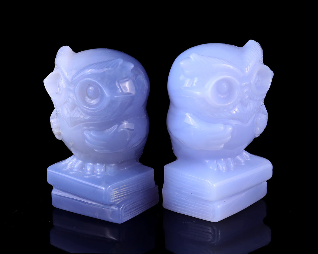 2.9" Blue Chalcedony Hand Carved Crystal Owl Sculpture crysvibe