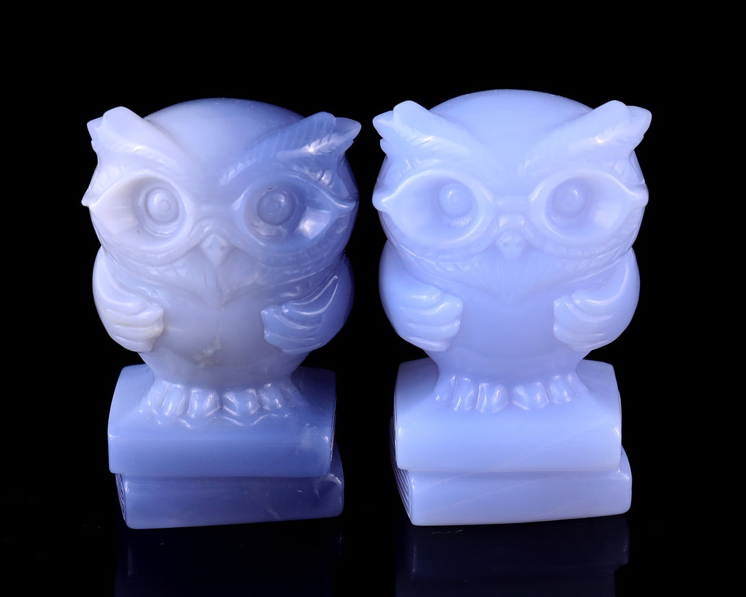 2.9" Blue Chalcedony Hand Carved Crystal Owl Sculpture crysvibe