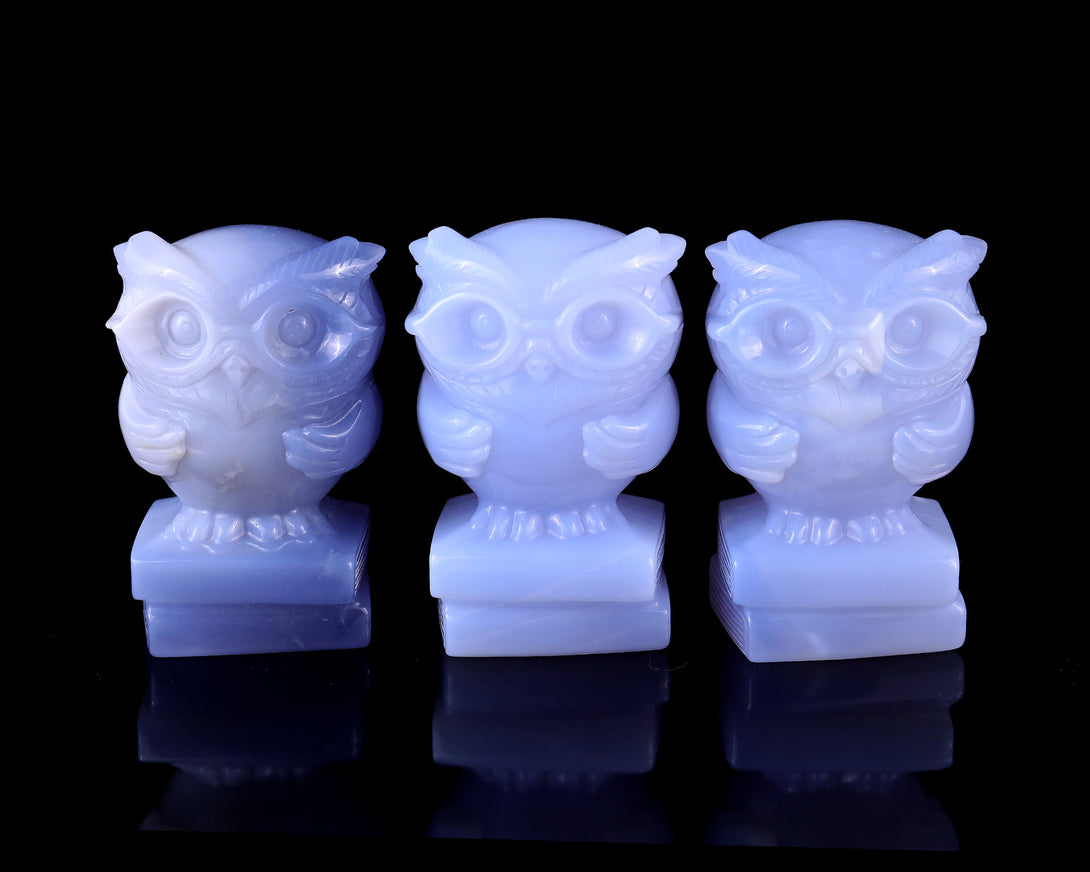 2.9" Blue Chalcedony Hand Carved Crystal Owl Sculpture crysvibe