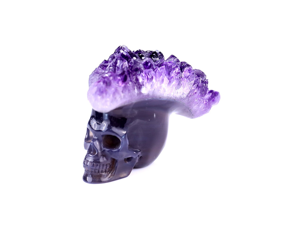 3.0" Amethyst Druse Agate Hand Carved Crystal Mineral Specimen Skull Sculpture crysvibe