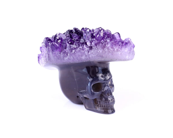 3.0" Amethyst Druse Agate Hand Carved Crystal Mineral Specimen Skull Sculpture crysvibe