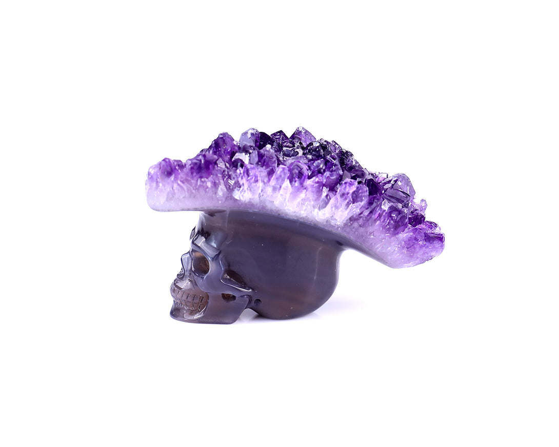 3.0" Amethyst Druse Agate Hand Carved Crystal Mineral Specimen Skull Sculpture crysvibe