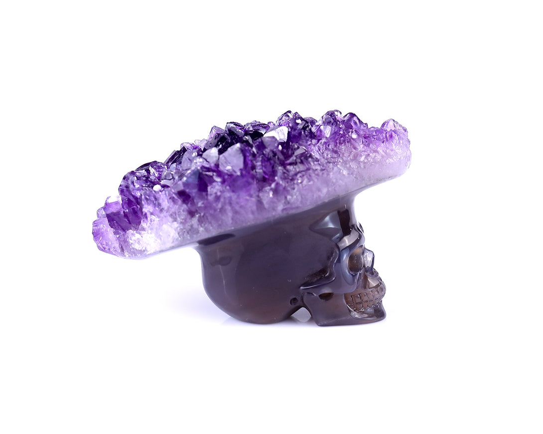 3.0" Amethyst Druse Agate Hand Carved Crystal Mineral Specimen Skull Sculpture crysvibe