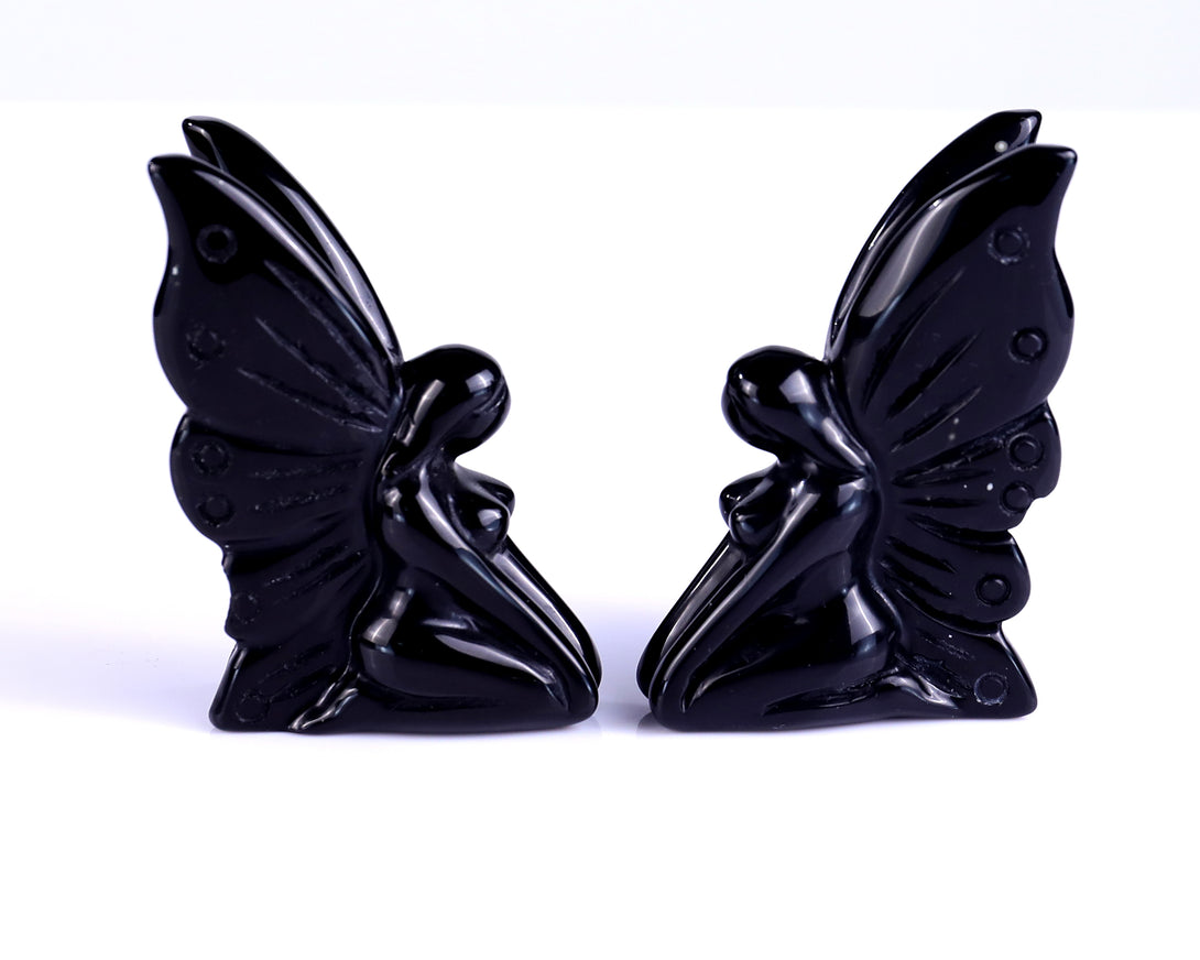 3.0" Black Obsidian Hand Carved Crystal Flower Faerie Sculpture crysvibe