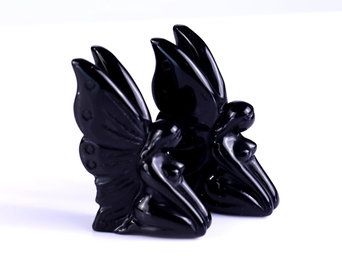 3.0" Black Obsidian Hand Carved Crystal Flower Faerie Sculpture crysvibe