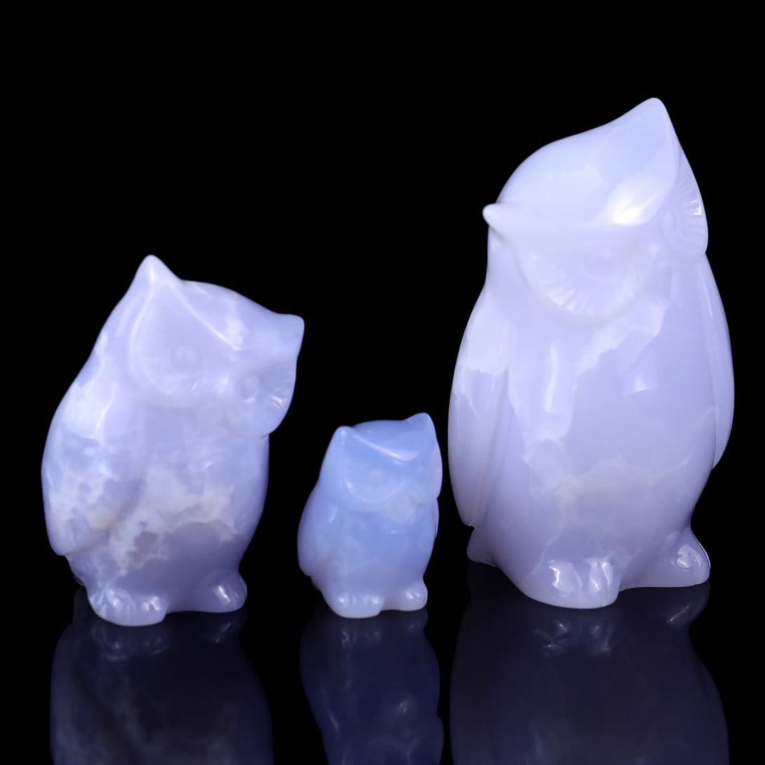 3.0" Blue Chalcedony Hand Carved Crystal Owl’s Family Sculpture crysvibe