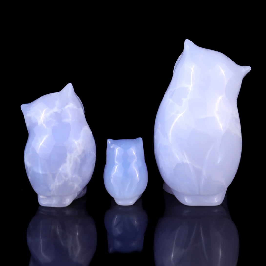 3.0" Blue Chalcedony Hand Carved Crystal Owl’s Family Sculpture crysvibe