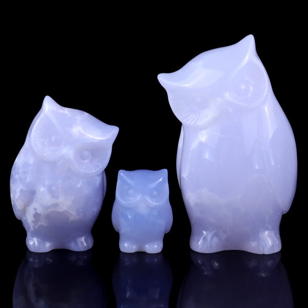 3.0" Blue Chalcedony Hand Carved Crystal Owl’s Family Sculpture crysvibe