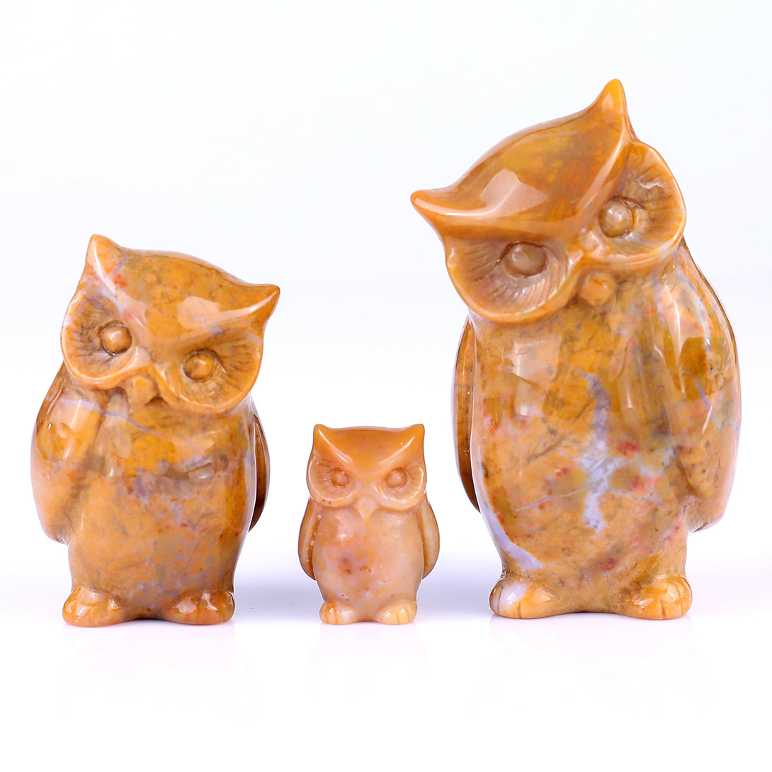 3.0" Chalcedony Hand Carved Crystal Owl's Family Sculpture crysvibe