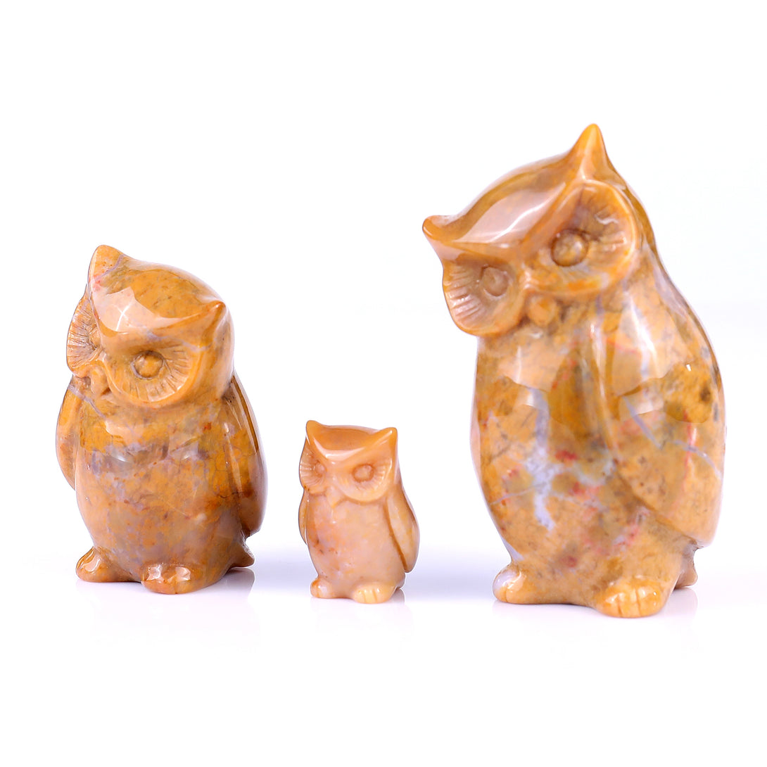 3.0" Chalcedony Hand Carved Crystal Owl's Family Sculpture crysvibe