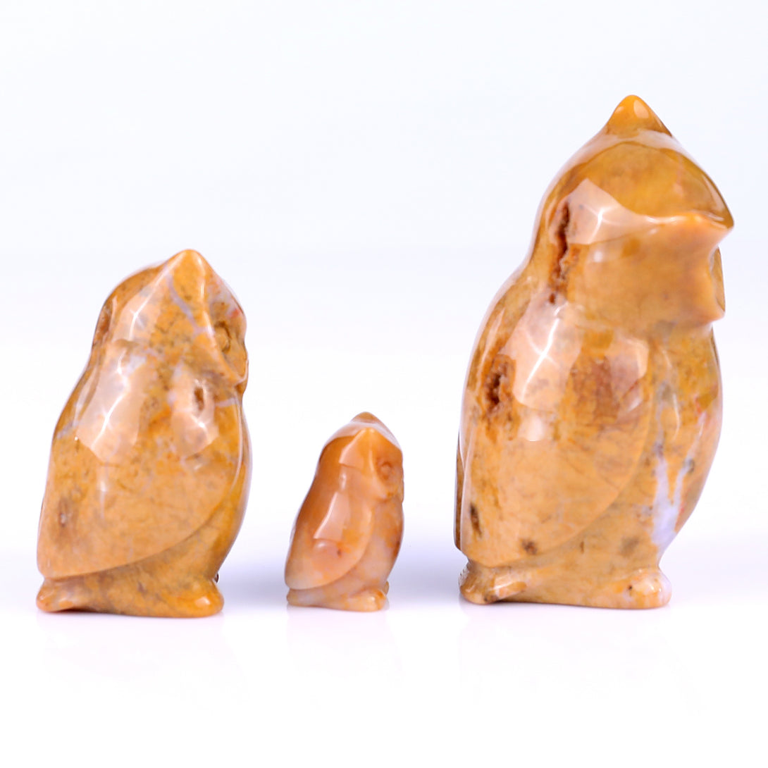 3.0" Chalcedony Hand Carved Crystal Owl's Family Sculpture crysvibe