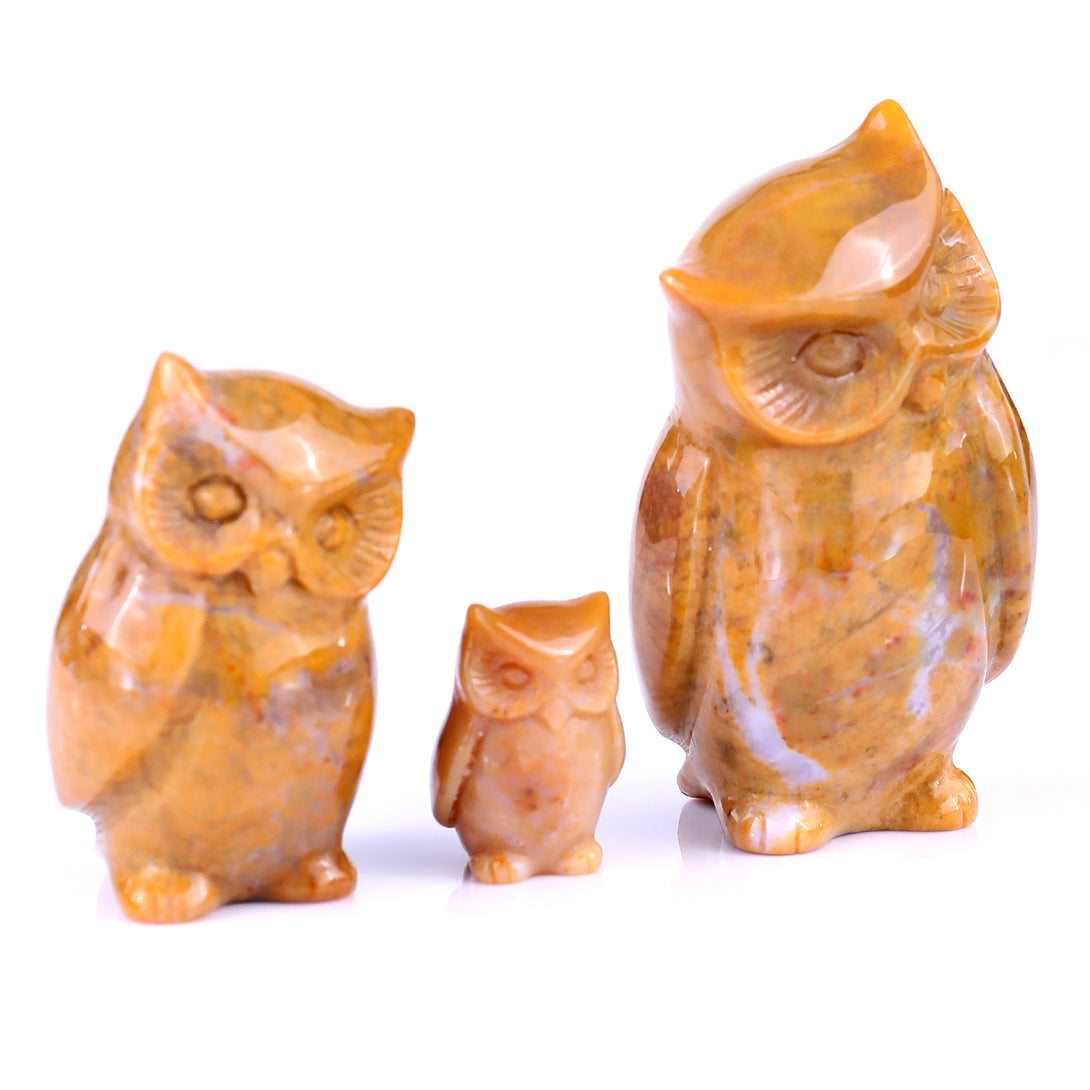 3.0" Chalcedony Hand Carved Crystal Owl's Family Sculpture crysvibe