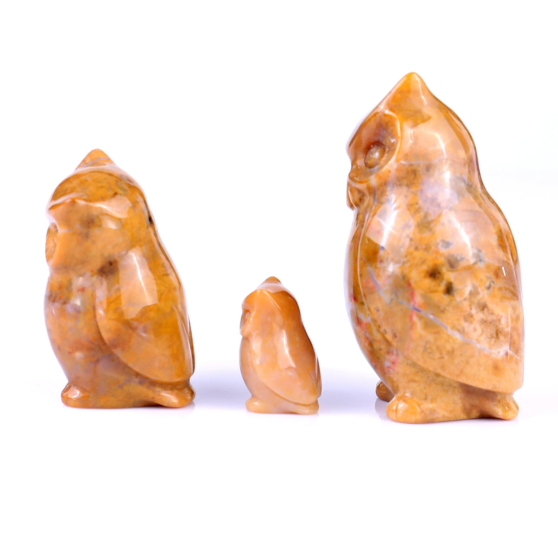 3.0" Chalcedony Hand Carved Crystal Owl's Family Sculpture crysvibe