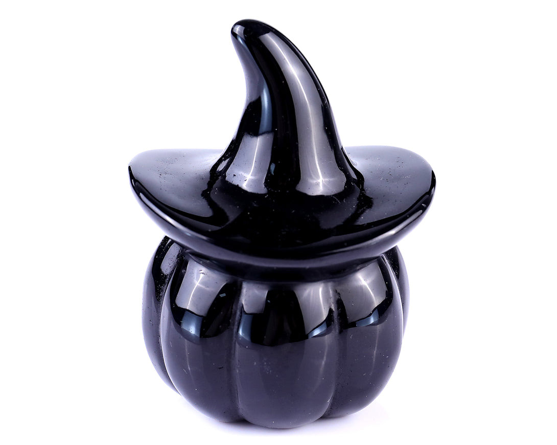 3.1" Black Obsidian Hand Carved Crystal Pumpkin Wizard, Halloween Gift crysvibe