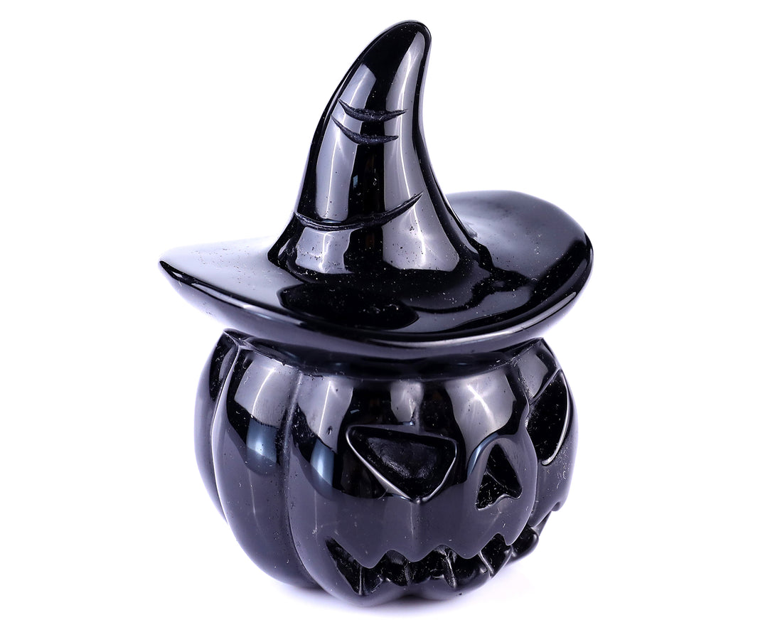 3.1" Black Obsidian Hand Carved Crystal Pumpkin Wizard, Halloween Gift crysvibe