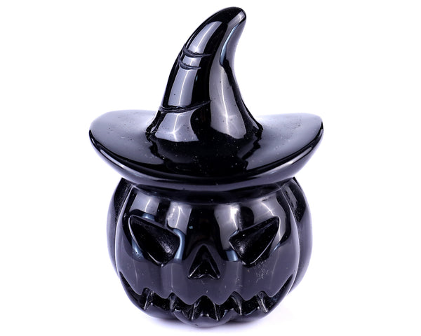 3.1" Black Obsidian Hand Carved Crystal Pumpkin Wizard, Halloween Gift crysvibe