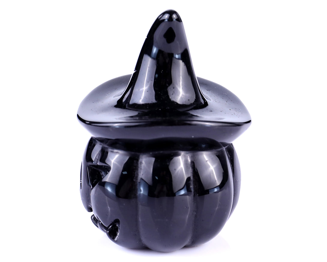 3.1" Black Obsidian Hand Carved Crystal Pumpkin Wizard, Halloween Gift crysvibe