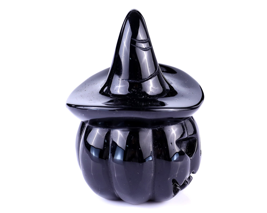 3.1" Black Obsidian Hand Carved Crystal Pumpkin Wizard, Halloween Gift crysvibe