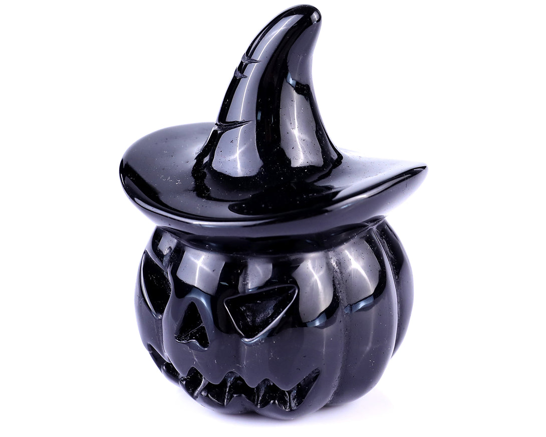 3.1" Black Obsidian Hand Carved Crystal Pumpkin Wizard, Halloween Gift crysvibe