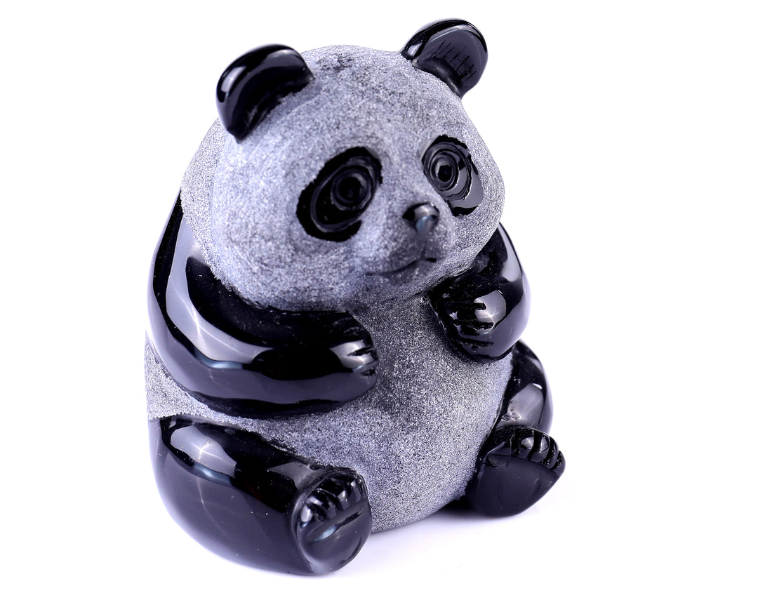 3.3" Black Obsidian Hand Carved Crystal Panda Sculpture crysvibe