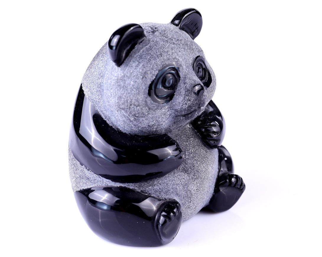 3.3" Black Obsidian Hand Carved Crystal Panda Sculpture crysvibe