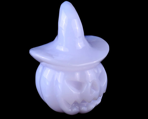 3.3” Natural Blue Chalcedony Hand Carved Crystal Wizard Pumpkin Sculpture, Halloween Gift crysvibe