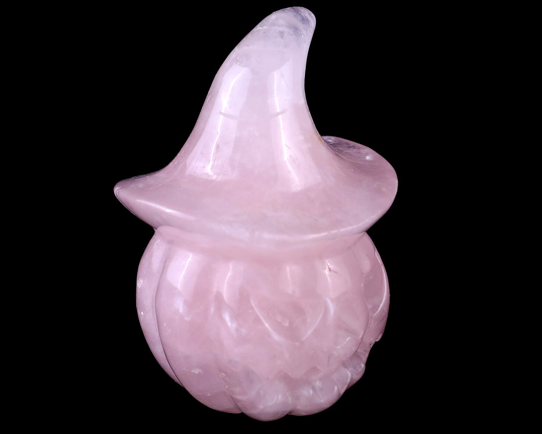 3.3” Natural Rose Quartz Hand Carved Crystal Wizard Pumpkin Sculpture, Halloween Gift crysvibe