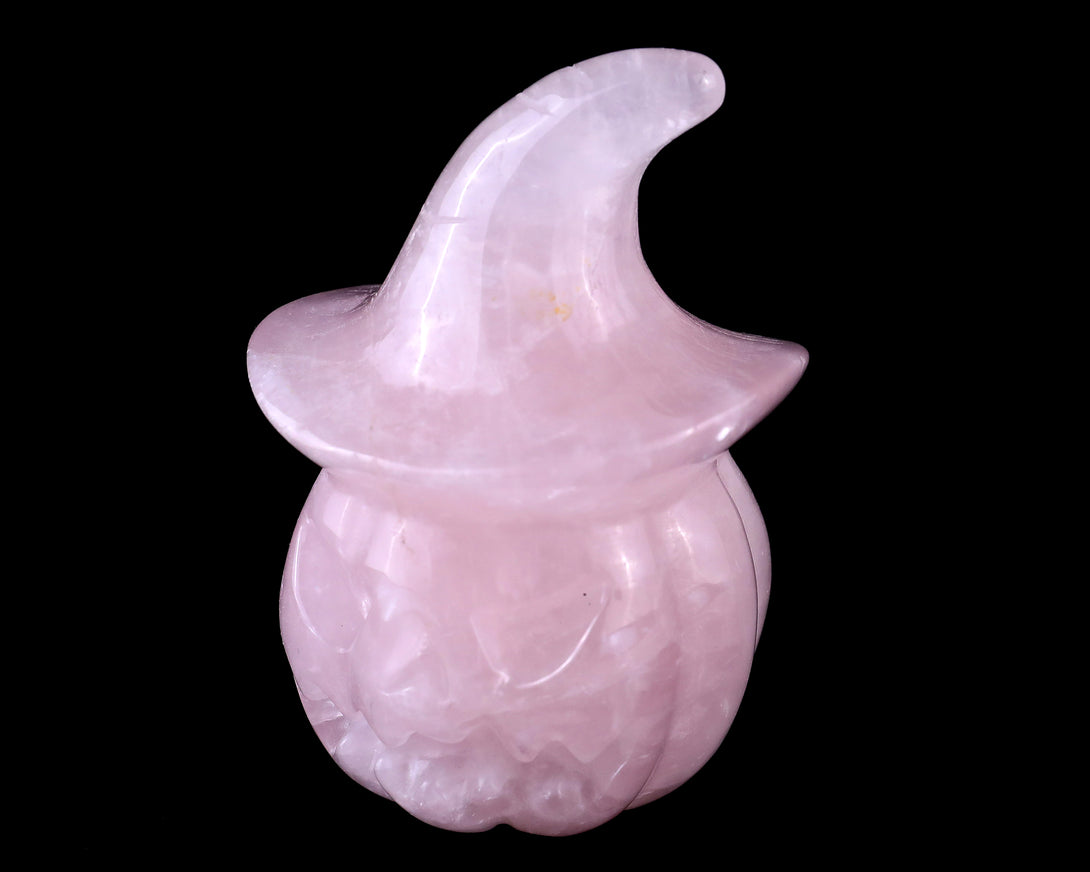 3.3” Natural Rose Quartz Hand Carved Crystal Wizard Pumpkin Sculpture, Halloween Gift crysvibe