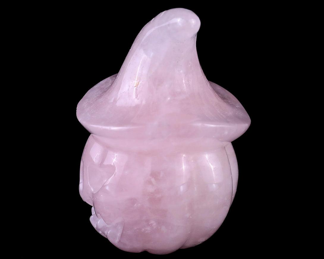 3.3” Natural Rose Quartz Hand Carved Crystal Wizard Pumpkin Sculpture, Halloween Gift crysvibe