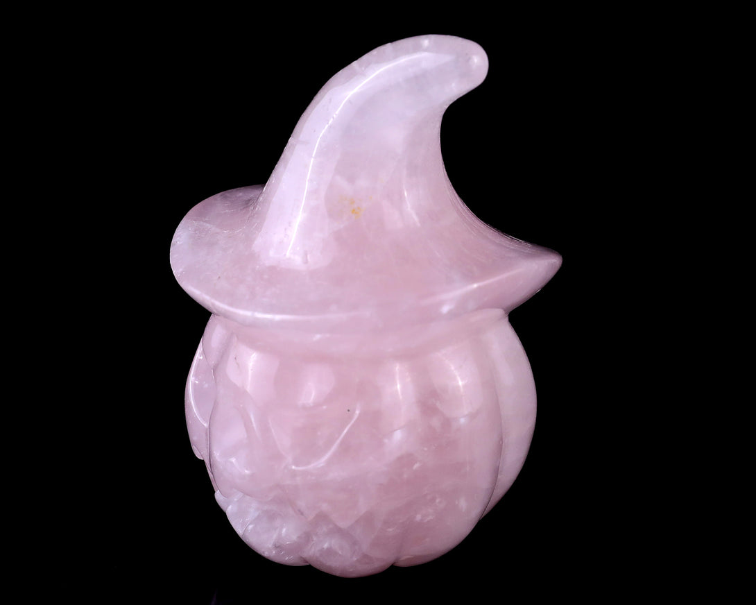 3.3” Natural Rose Quartz Hand Carved Crystal Wizard Pumpkin Sculpture, Halloween Gift crysvibe