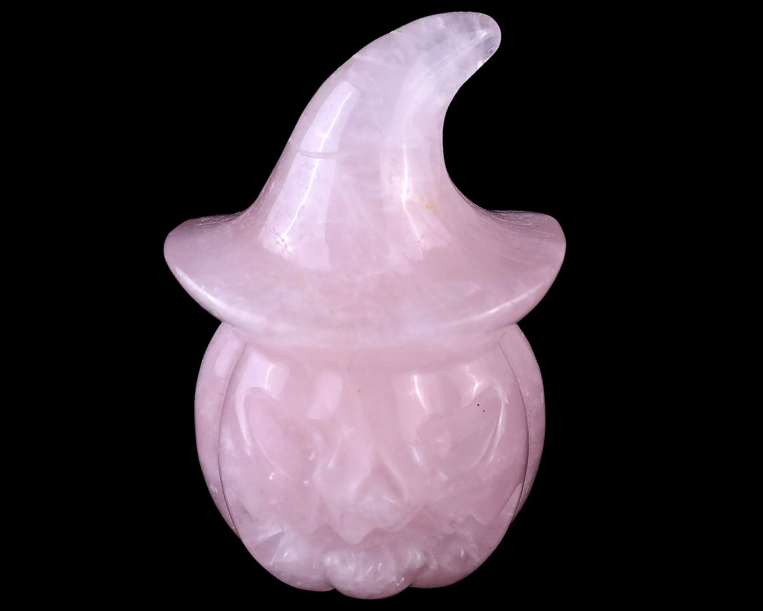 3.3” Natural Rose Quartz Hand Carved Crystal Wizard Pumpkin Sculpture, Halloween Gift crysvibe