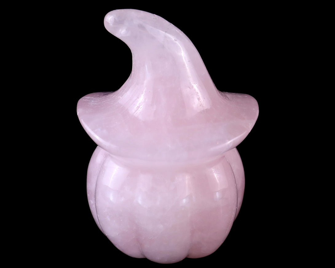 3.3” Natural Rose Quartz Hand Carved Crystal Wizard Pumpkin Sculpture, Halloween Gift crysvibe