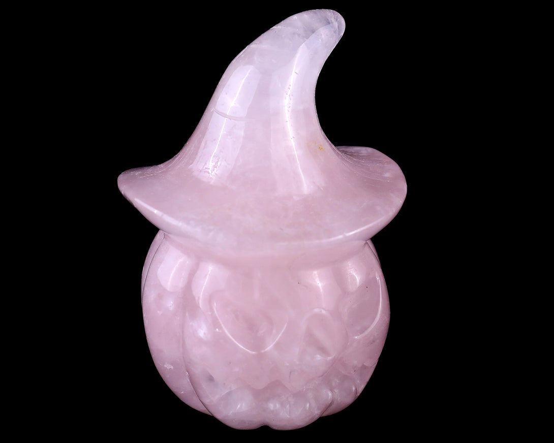 3.3” Natural Rose Quartz Hand Carved Crystal Wizard Pumpkin Sculpture, Halloween Gift crysvibe