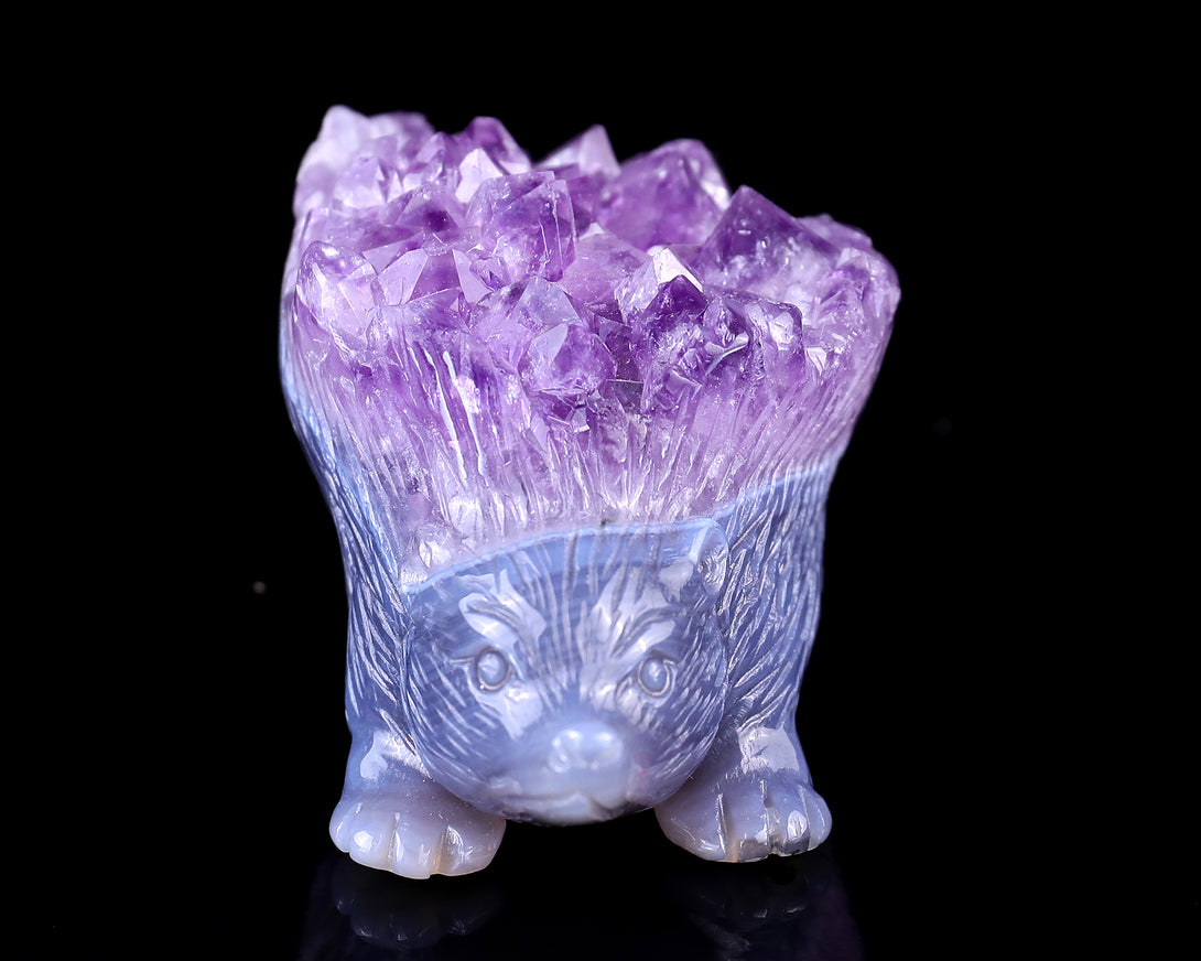 3.4" Amethyst Druse Agate Hand Carved Crystal Hedgehog Sculpture crysvibe