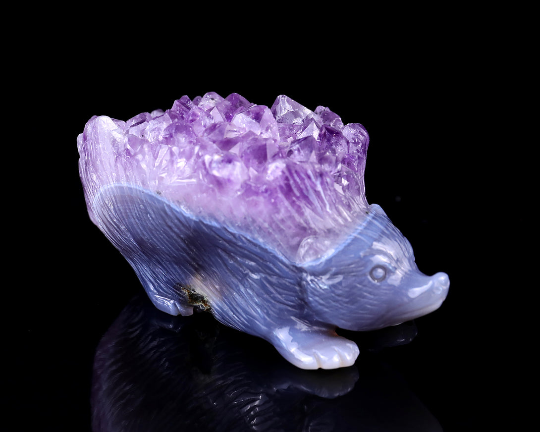 3.4" Amethyst Druse Agate Hand Carved Crystal Hedgehog Sculpture crysvibe