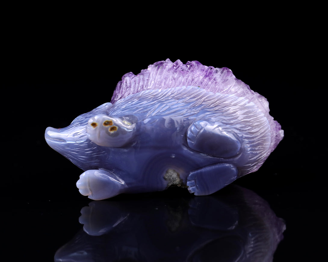 3.4" Amethyst Druse Agate Hand Carved Crystal Hedgehog Sculpture crysvibe