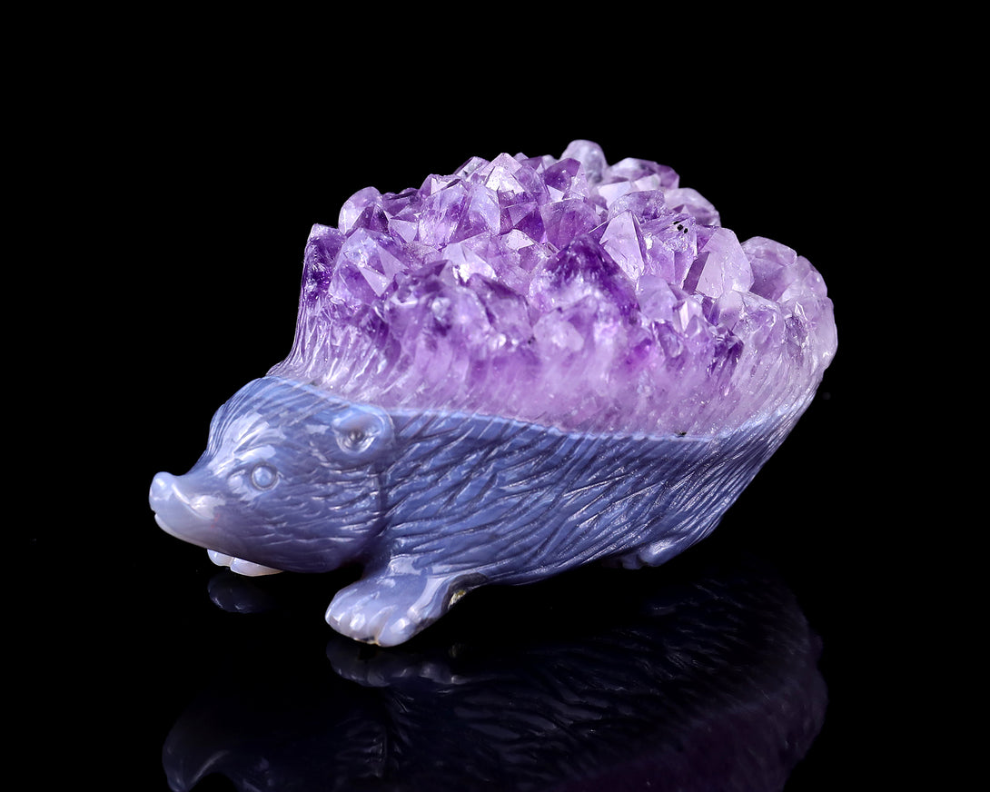 3.4" Amethyst Druse Agate Hand Carved Crystal Hedgehog Sculpture crysvibe