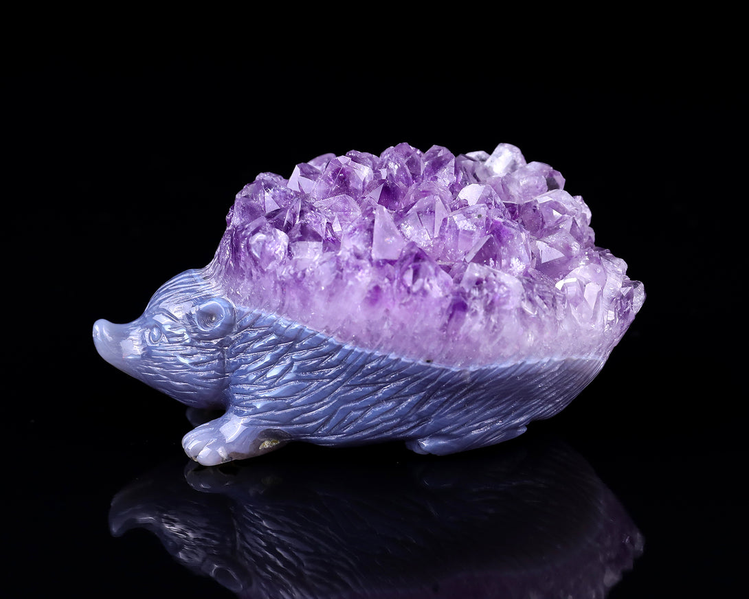 3.4" Amethyst Druse Agate Hand Carved Crystal Hedgehog Sculpture crysvibe