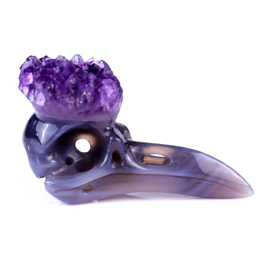 3.4" Amethyst Druse Agate Hand Carved Crystal Raven Skull Sculpture crysvibe