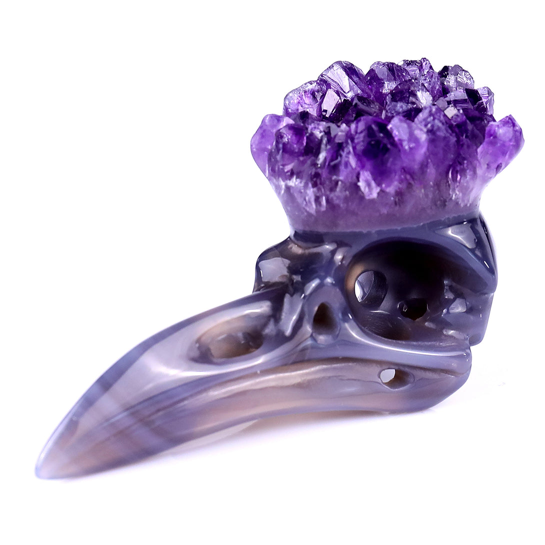 3.4" Amethyst Druse Agate Hand Carved Crystal Raven Skull Sculpture crysvibe