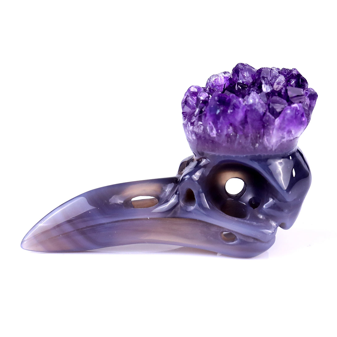 3.4" Amethyst Druse Agate Hand Carved Crystal Raven Skull Sculpture crysvibe