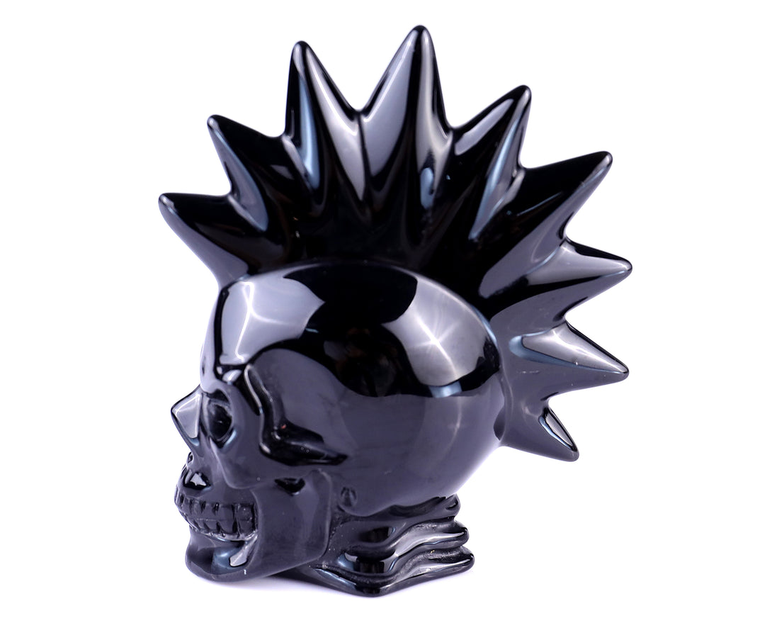 3.6" Black Obsidian Hand Carved Crystal Realistic Punk Skull Sculpture crysvibe