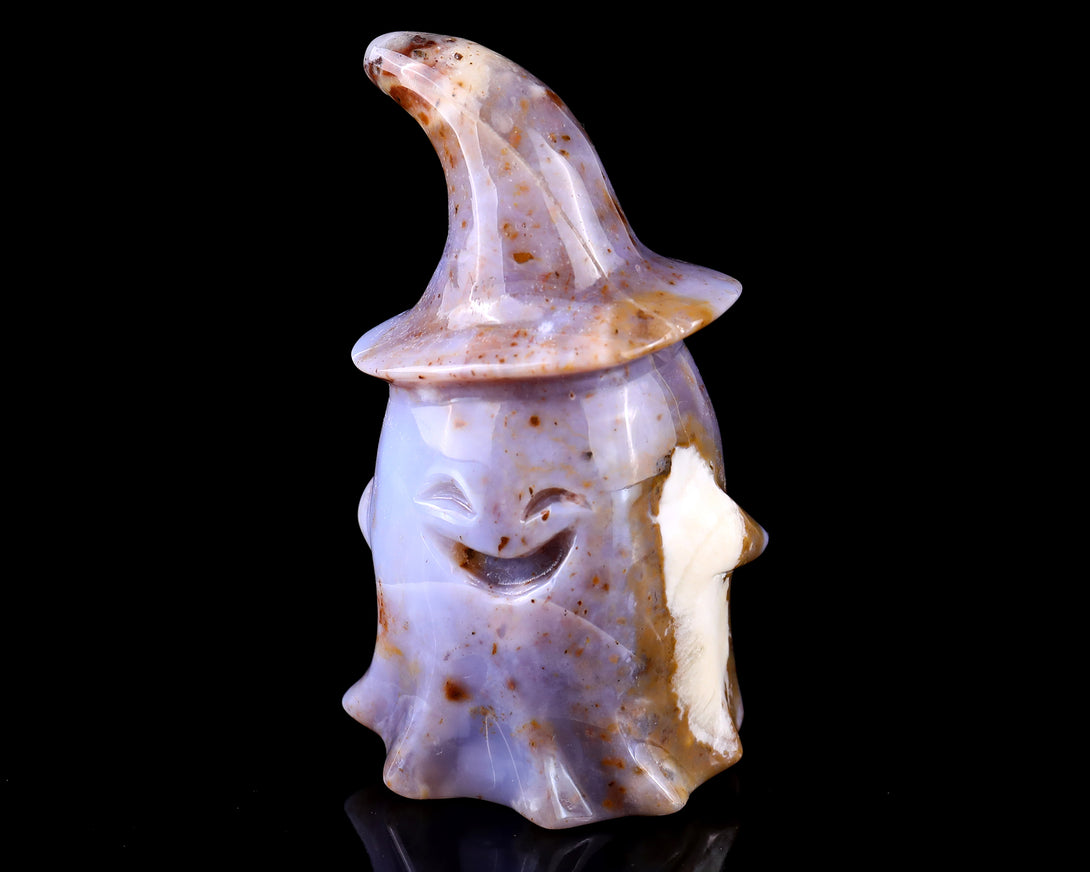 3.6” Natural Chalcedony Hand Carved Crystal Wizard Ghost Sculpture, Halloween Gift crysvibe