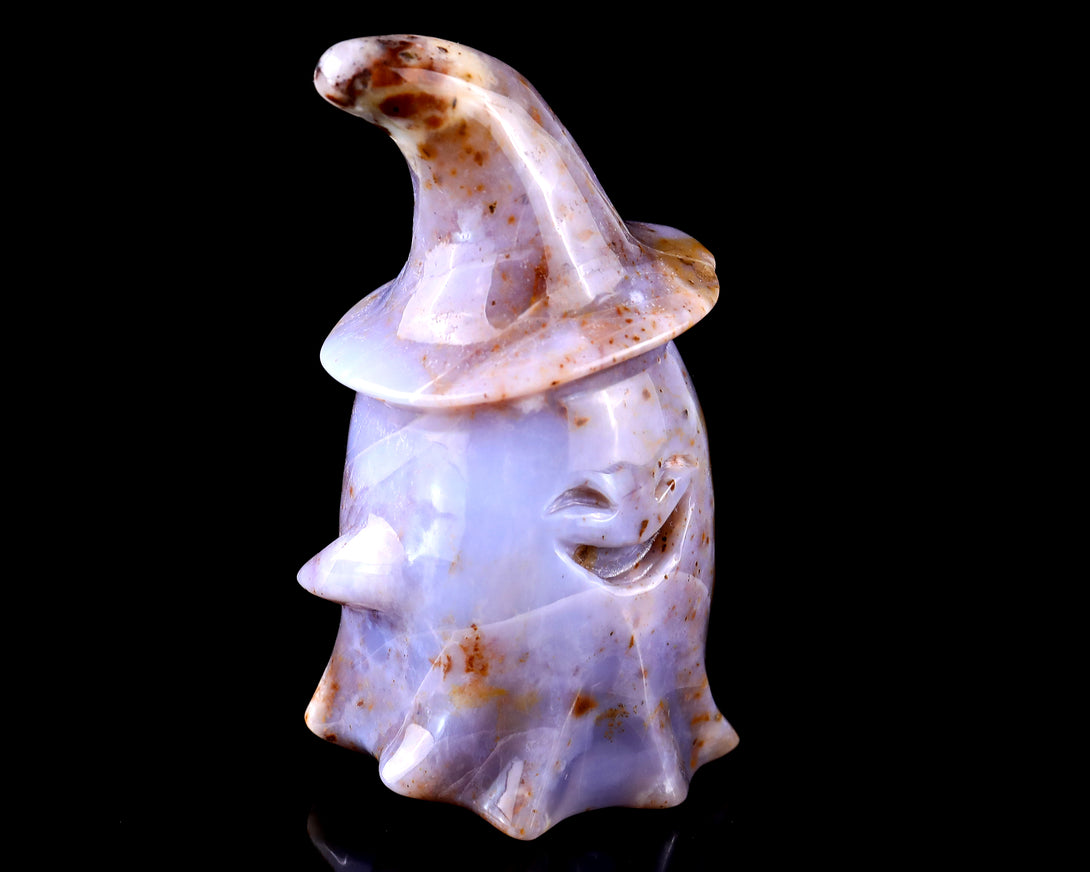 3.6” Natural Chalcedony Hand Carved Crystal Wizard Ghost Sculpture, Halloween Gift crysvibe