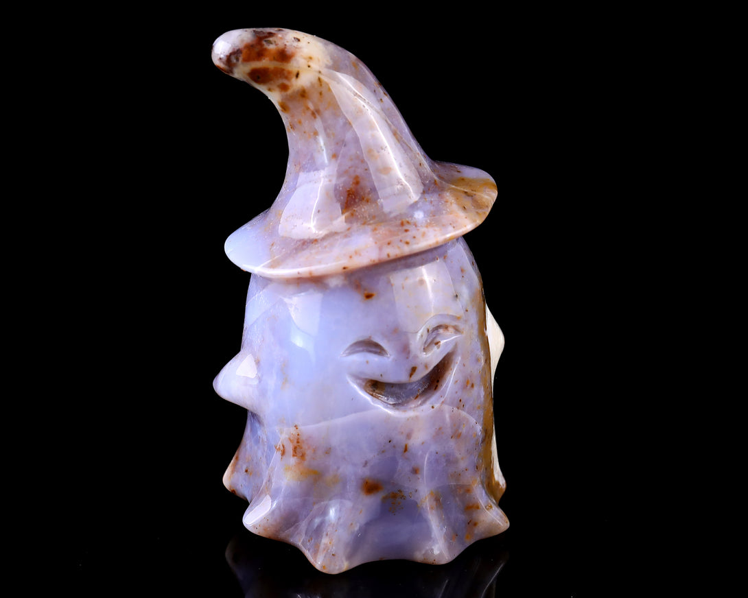 3.6” Natural Chalcedony Hand Carved Crystal Wizard Ghost Sculpture, Halloween Gift crysvibe