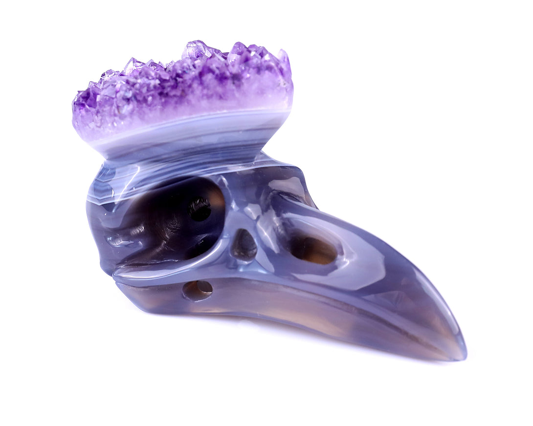 3.7" Amethyst Druse Agate Hand Carved Crystal Raven Skull Sculpture crysvibe