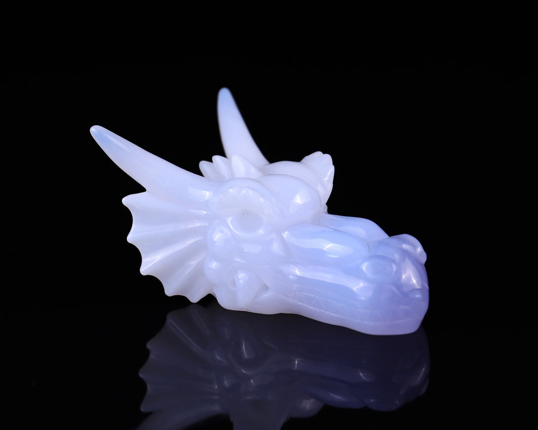 3.7" Blue Chalcedony Hand Carved Crystal Dragon Skull Sculpture crysvibe