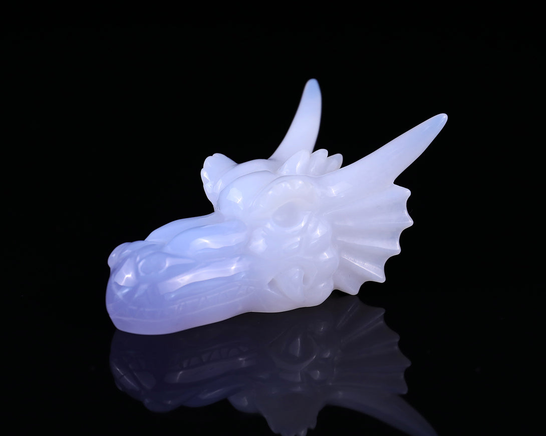 3.7" Blue Chalcedony Hand Carved Crystal Dragon Skull Sculpture crysvibe