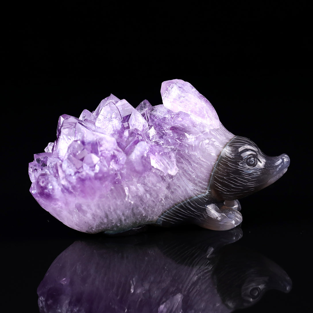 3.8"Amethyst Druse Agate Hand Carved Crystal Hedgehog Sculpture crysvibe